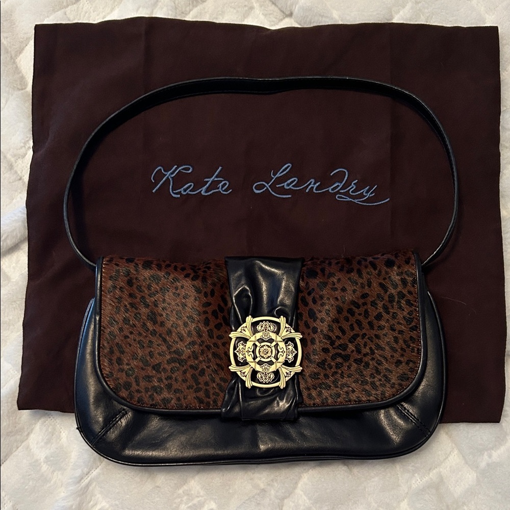Kate Landry Black and Brown Leopard Print Shoulder Bag